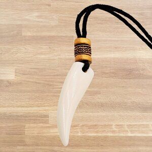 White Fang Pendant Necklace on Black Cord Boho Talisman